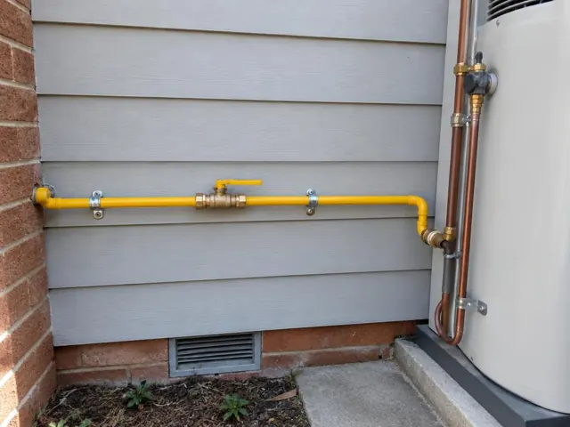 Yellow gas line and valve beside a hot water unit on an exterior wall in Lalor Park