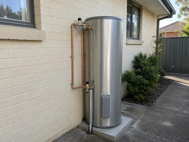 Outdoor stainless hot water cylinder beside cream brick wall and concrete slab in Kings Langley
